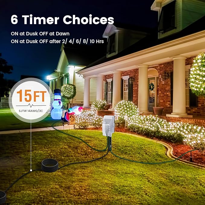 SURAIELEC Outdoor Power Stake, Dusk to Dawn Light Timer, 15FT Extension Cord Multiple Outlet; 6 Electrical Outlet Power Strip Weatherproof, for Patio Lights, Sprinkler, Garden, Christmas Decorations