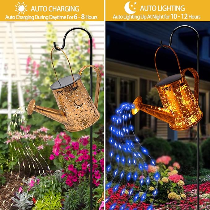 Solar Garden Lights Outdoor, Solar Watering Can Lights Garden Decor Gifts for Grandma Mom, Sun Moon Waterproof Hanging Lantern with String Lights, Yard Decoration for Patio Porch Lawn Backyard Pathway