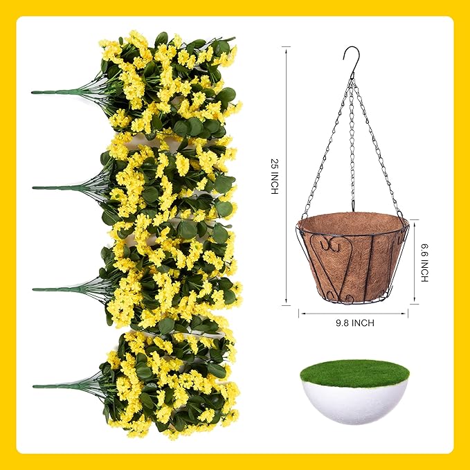 NXUGAO Artificial Flowers with Hanging Basket for Outdoors Indoors Decor, Faux Silk Chrysanthemum Plants in Baskets for Home Decoration Garden Yard Patio, 4 Bundles with 1 Basket