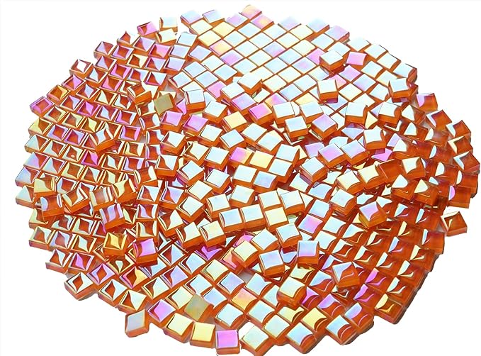 0.66lbs Iridescent Mosaic Tiles for Crafts, Bright Orange Glass Tiles for Creative Mosaic Projects, 3/8" Square Stained Glass Pieces Ideal for DIY Home Mosaic Decorations