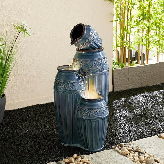 Glitzhome 35.5" H Oversized Outdoor Water Fountain with LED Lights and Pump, 4 Tier Turquoise Embossed Pattern Ceramic Pots Fountains, Cascading Standing Fountain for Porch Deck Garden Patio Backyard