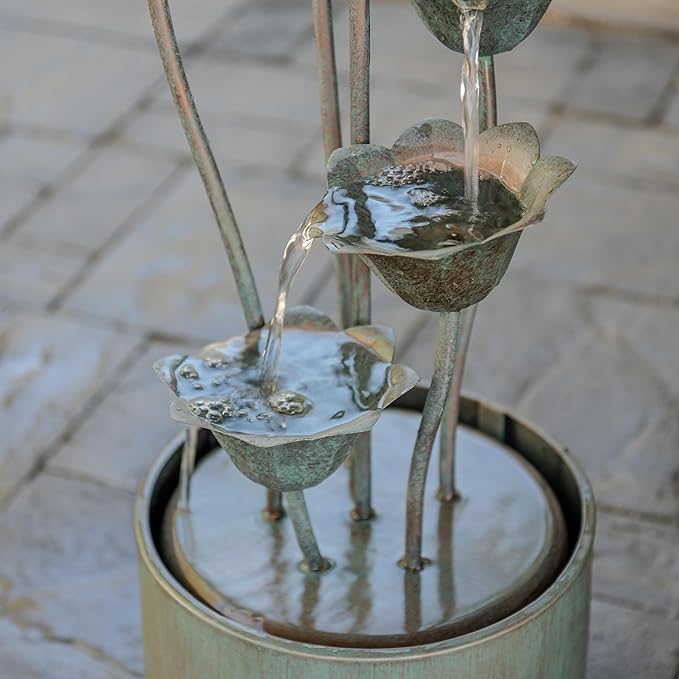 XBrand Freestanding Sculptural Metal Multi-Tiered Flower Water Fountain, No LED Lights, Silver, 35" Tall