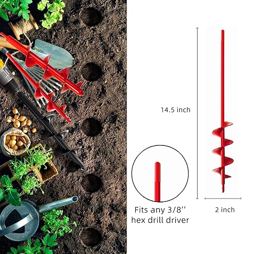 Garden Auger-2x14.5'', Spiral Drill Bit for 3/8'' Hex Drive, Yard Auger for Bulbs & Flowers, Bedding Digging Tool