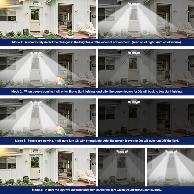 Solar Lights Outdoor Waterproof, Motion Sensor & Flood Outdoor Lights with Remote Control, 4 Adjustable Modes, 3000LM & 218 LED, High-Energy-Density Solar Panel-Monocrystalline Technology, 4 Pack