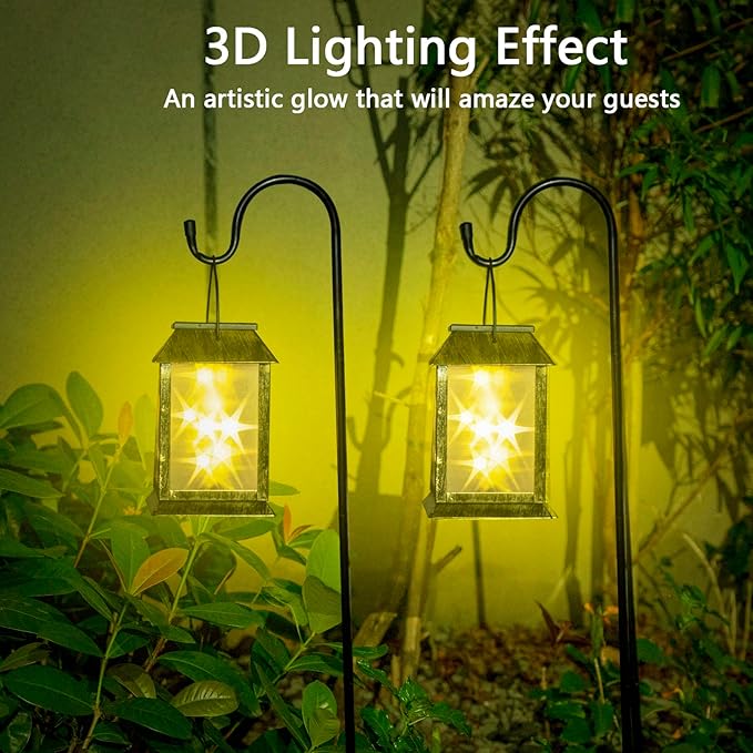 Solar Lanterns Outdoor Waterproof, 3D Hanging Solar Lights, Type-C Rechargeable LED Solar Pathway Lights with 2 Modes (Steady & Flashing), for Garden Decor, Patio, Yard, Camping (1 Pack )