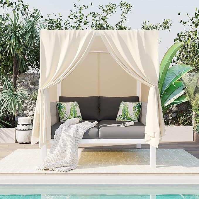 Polibi Outdoor Patio Sunbed with Beige Curtains,Outdoor Sun Lounger Bed with Pillows,Rubber Core Rope Weaving Outdoor Double Chaise Lounge Suitable for Pool,Garden,Gray+Beige