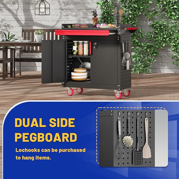 Metal Grill Cart - Outdoor Grill Cart with Storage,Grill Table with Wheels,Outdoor Bar Cart with Adjustable Shelf for Kitchen Prep and Patio BBQ