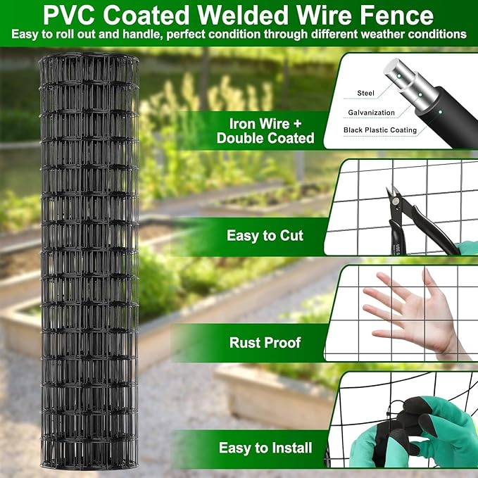 Black PVC Coated Welded Wire Fence 36 Inch x 59 Foot, 2.4" x 2.4" 15GA Garden Wire Fenceing Vinyl Coated Metal Wire Mesh Roll for Yard Vegetable Plant Protection Outdoor Dogs Chicken Poultry Netting