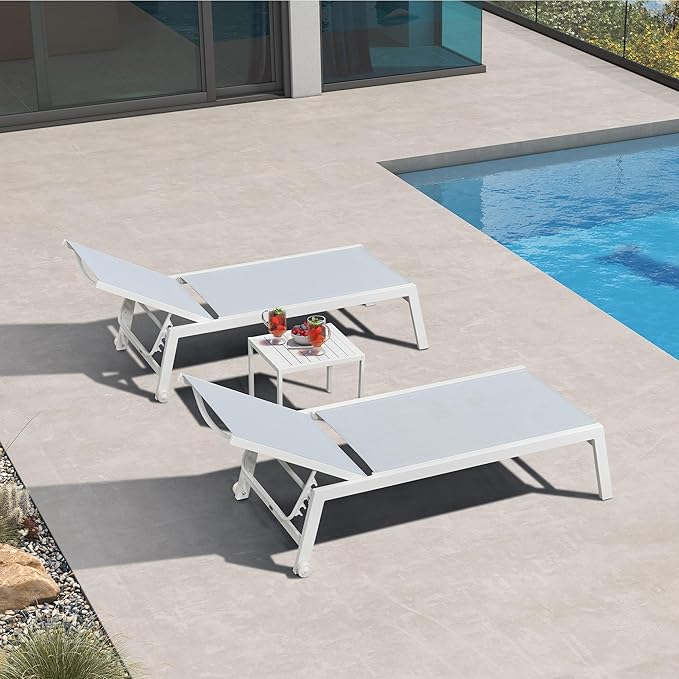 PURPLE LEAF Lounge Chair Outdoor Set of 4 White Aluminum Lounge Chairs with Wheels and Table Outdoor Chaise Lounge for Patio Pool Yard, Bluish-Gray