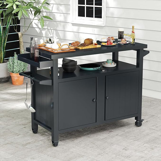 Grill Cart Outdoor with Storage Cabinet, Portable Rolling Patio Bar Cart with Wheels, BBQ Prep Table, Movable Stainless Steel Kitchen Island Dining Cart for Food/Drink/Cooking -Grey