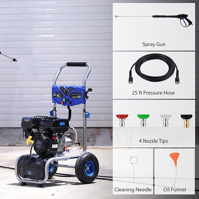 Gas Pressure Washer 3500 PSI 2.3 GPM, Power Washer with 209CC Engine, 25FT Hose, 4 Nozzles, High Pressure Cleaner for Cars, Driveways, Patios, Fences, Home Outdoor Cleaning