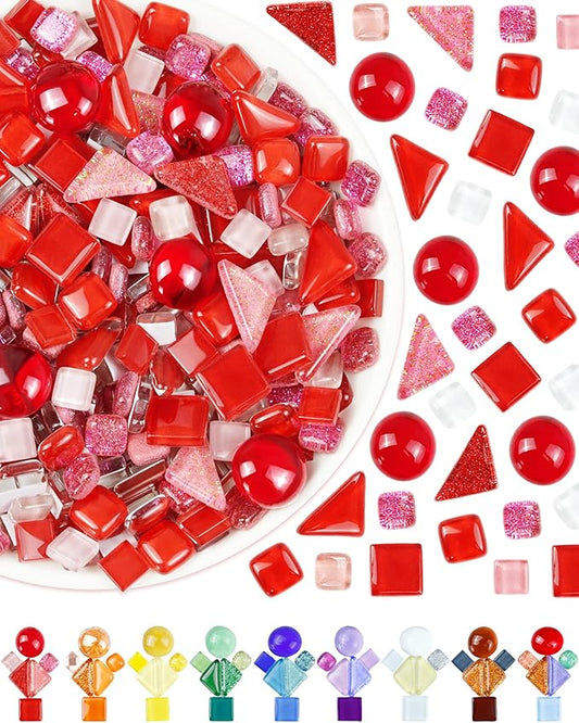 FIVEIZERO 420g Mosaic Tiles for Crafts - 280Pcs Glass Mosaic Kits, Mixed Shapes Mosaic Glass Pieces for Art, Irregular Tiny Mosaic Tile for DIY Projects, Home Decoration(Red)