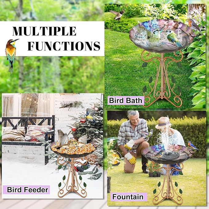 13" Diameter Vintage Metal Bird Bath, Birdbaths with Cast Iron Pedestal, Large Antique Bird Feeder for Outdoors Garden Patio Decor (Colorful Gradient)