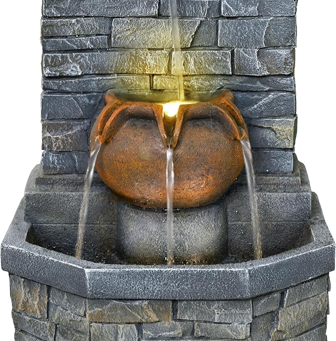 42'' Outdoor Garden Floor-Standing Water Fountain Lion Head Stone with Lights Outdoor Waterfall for Patio, Backyard, Deck, Porch and Home Art Decor