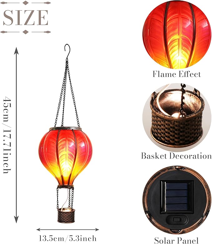 TERESA'S COLLECTIONS Hot Air Balloon Solar Lantern for Garden Decor ,Flickering Flame Hanging Solar Light for Outdoor ,Red Plastic Lamp for Yard Tree Gift for Mom