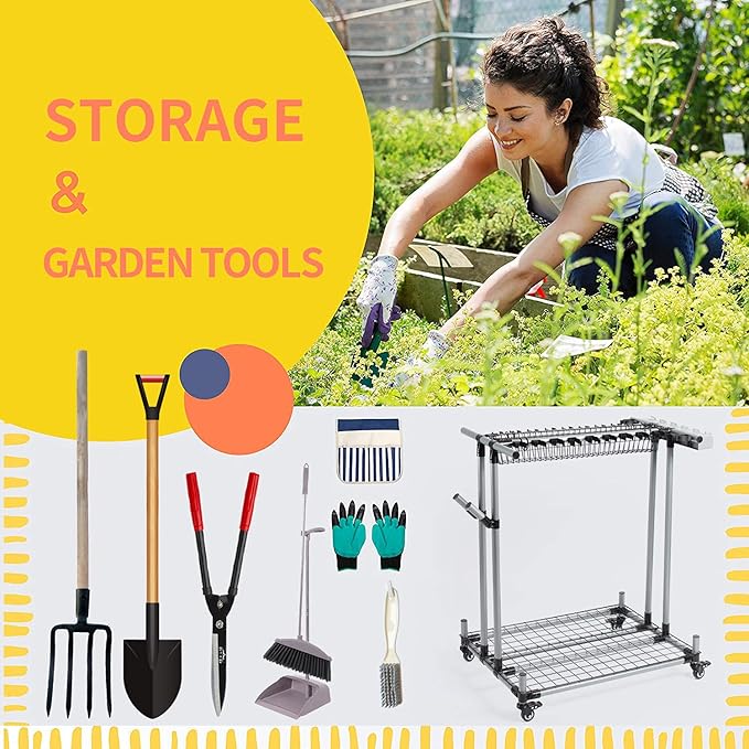 Mobile garden tool organizer metal Garage Storage Holder storage large long lawn tools heavy duty tool rack sturdy yard cart