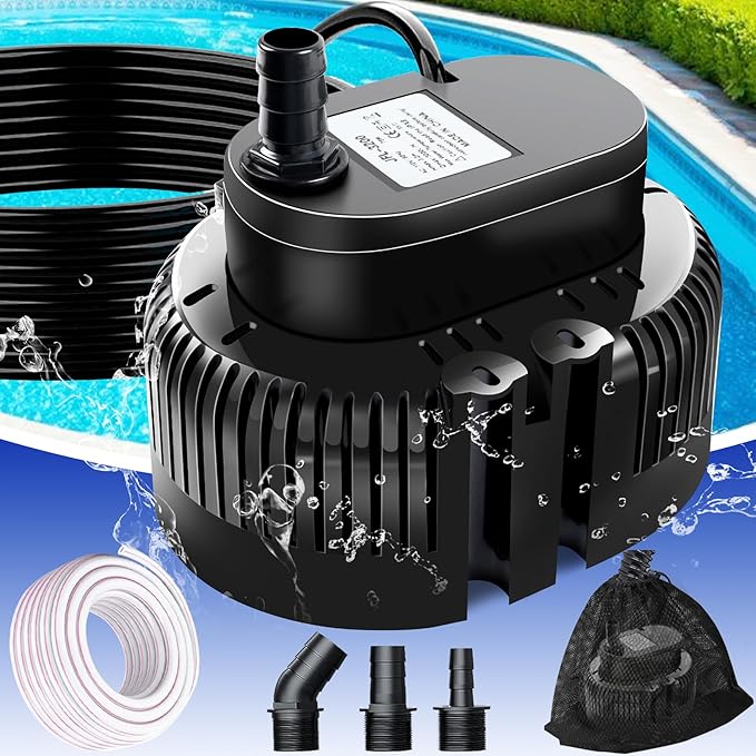 Pool Cover Pump above Ground-Submersible Sump Pump Swimming Water Removal Pumps, Sump Pump for Pool Draining with 16ft Drainage Hose & 25 ft Extra Long Power Cord,850 GPH,3 Adapters-Black