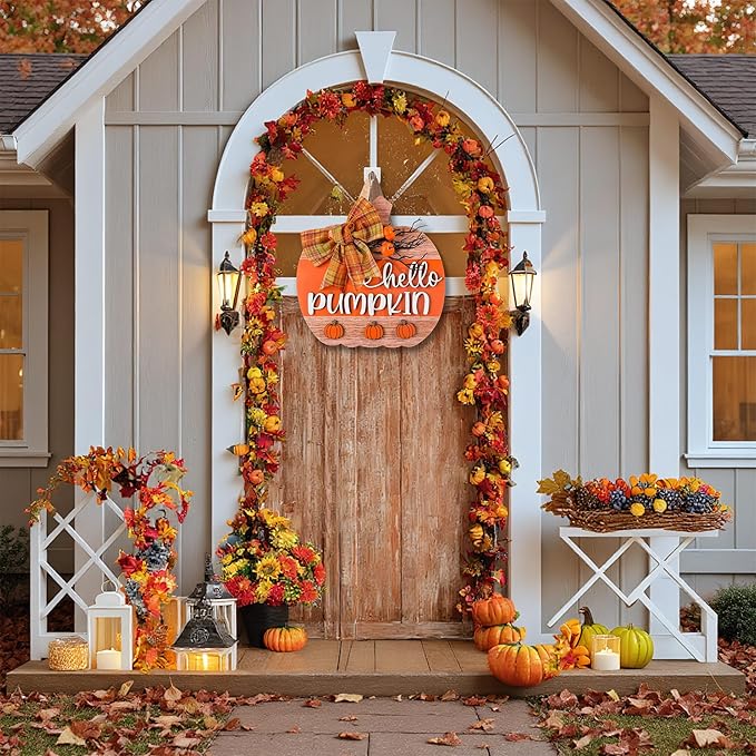 3D Hello Pumpkin Wooden Fall Wreath for Front Door | Fall Autumn Hanging Decor with Bow & Wreath | Farmhouse Harvest Thanksgiving Decor for Porch, Wall | Indoor Outdoor Home (Color-Pumpkin-D)