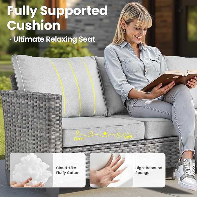 ovios 9 Pieces Patio Furniture Set with 54" Fire Pit Table, Outdoor Sofa Couch with Solar Lights Table Comfy Cushions, Modern Deep Seat Wicker Rattan Conversation Set, Grey