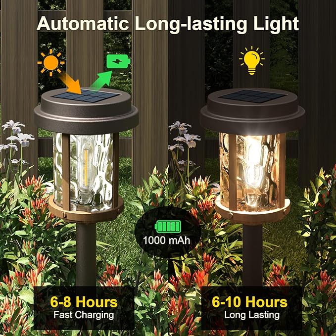 XMCOSY+ Solar Pathway Lights, Garden Solar Lights, 20 LM LED Glass Water Lens, IP65 Waterproof Solar Powered Light for Outside Driveway Walkway Landscape Backyard Sidewalk (‎Black & Brown)