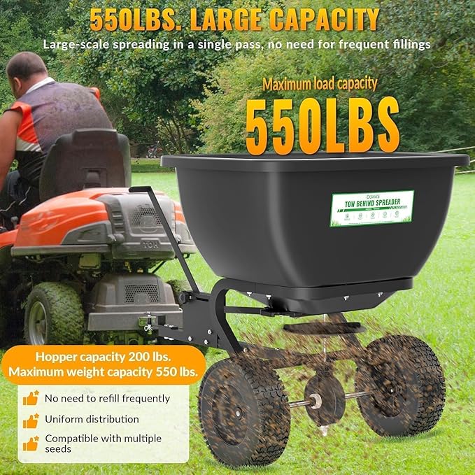 Tow Behind Broadcast Spreader, 200 LB Capacity,Fertilizer Spreader Holds up to 550 lbs with 13" Pneumatic Tires and Adjustable Flow Control Lever,for Fertilizer, Grass Seed, Salt, Ice Melt, Lawn