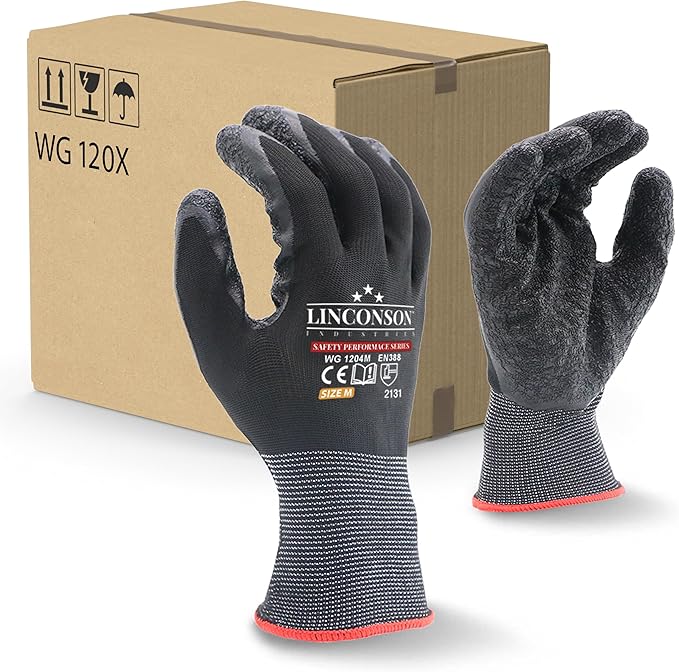 linconson 12 Pack Safety Performance Series Construction Mechanics Wrinkle Latex Work Gloves