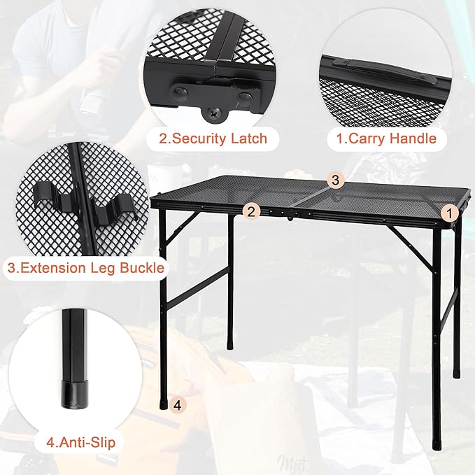 Camping Table with Mesh Desktop, Lightweight & Portable Folding Grill Table, Height Adjustable Metal Outdoor Table for Camp, Cooking, BBQ, RV, Picnic-4 FT Black