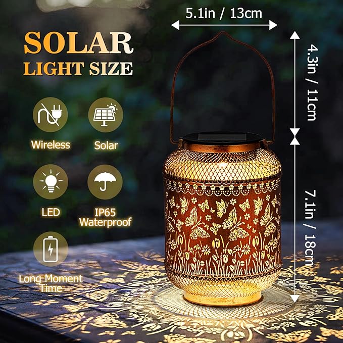 Butterfly Solar Lanterns Outdoor Garden Decor Gifts for Women Mom Grandma Metal Decor Hanging Solar Lights Outdoor Waterproof LED Lanterns for Yard, Patio, Lawn, Tabletop, Landscape