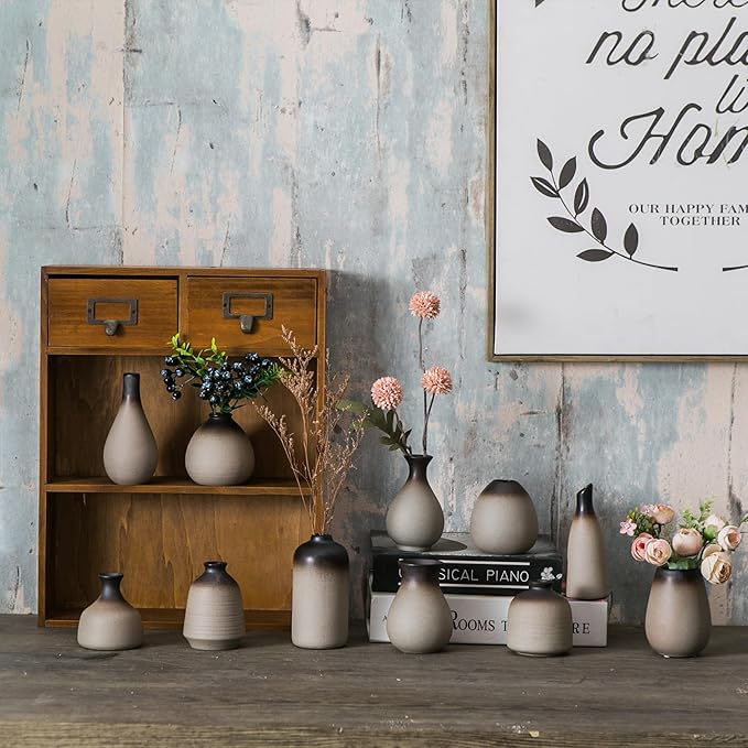 JOJUNO Rustic Bud Vase, Ceramic Small Vase Set of 11, Mini Vases for Fresh and Dried Flowers, Modern Farmhouse Home Decor, Pottery Vases for Living Room, Shelves, Centerpieces for Dining Table