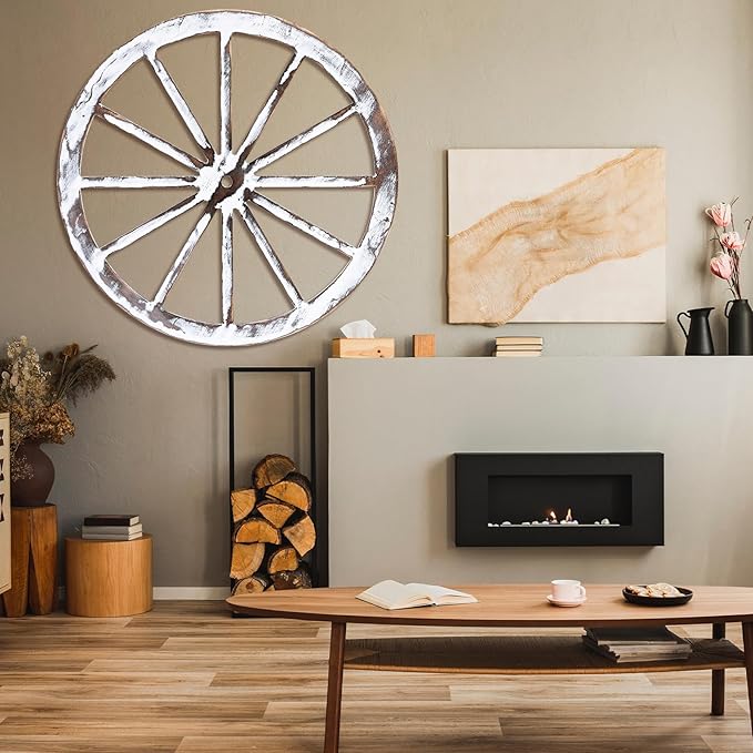 Wood Wagon Wheel Decorative Old Western Style Wagon Wheel Decor Vintage Rustic Wall Hanging Wood Cartwheel Decor for Garden Bar Patio Garage Farmhouse(30 Inch,White)
