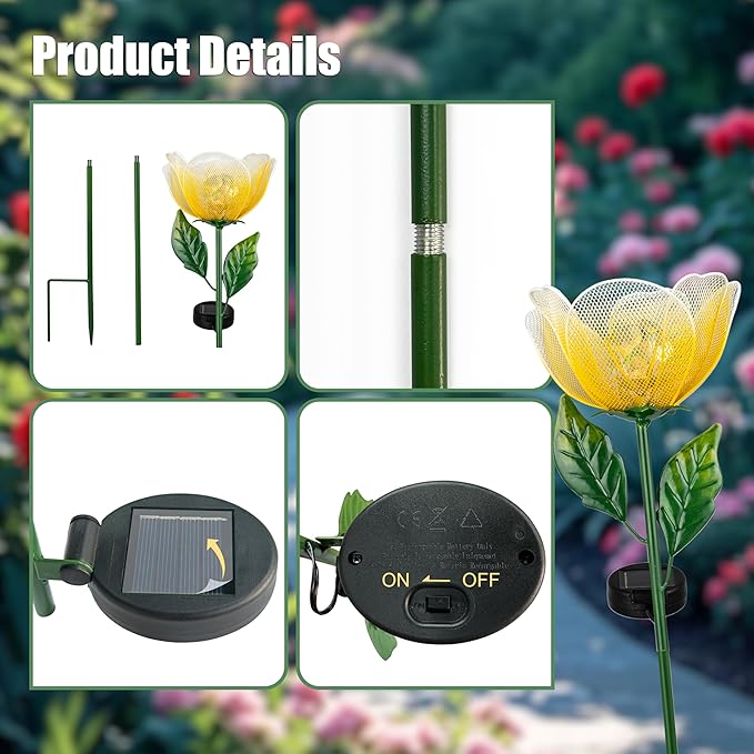 Solar Lights Outdoor Garden, 2 Pack Solar Powered Metal Flowers LED Breathing Light Waterproof,Solar Flowers for Outside Patio Lamp,Garden Gifts for Women,Landscape Lighting,Yard Pathway Decor