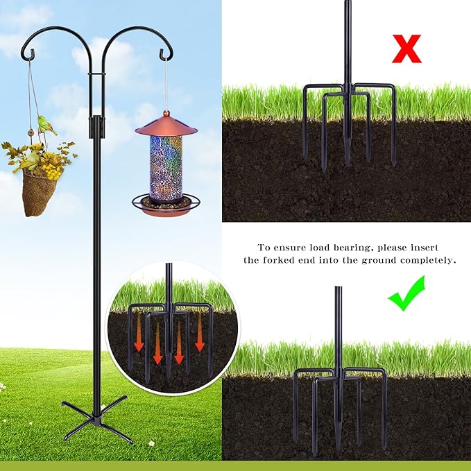 XDW-GIFTS Double Shepherds Hooks for Outdoor, 2-Pack Heavy Duty Garden Pole for Hanging Bird Feeder, Plant Baskets, Solar Light Lanterns, Garden Plant Hanger Stands with 5 Base Prongs