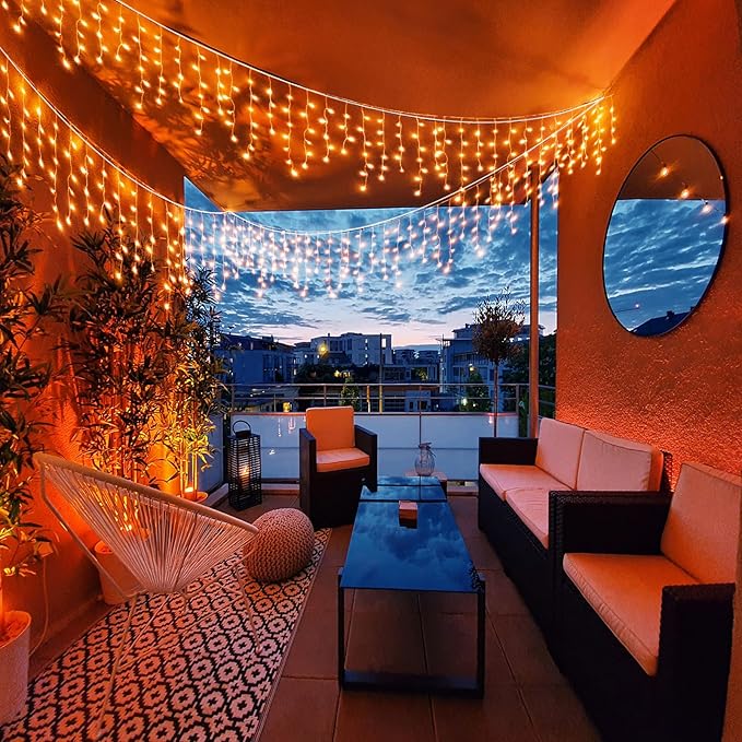 33 FT Orange Icicle Lights for Outside, 400 LED Christmas Lights Outdoor, Clear Wire Twinkle String Lights with Timer 8 Modes Waterproof for Window House Patio Yard Wedding Classroom Festival Decor