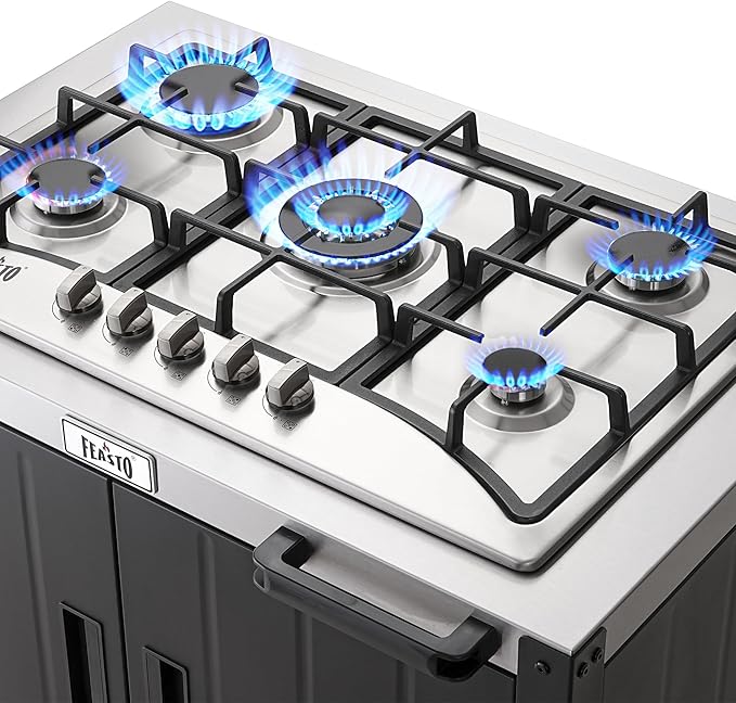 Gas Grill, Movable Outdoor Gas Stove Stainless Steel Top with Cabinet, 5 Burners with 36,200 BTUs, Outdoor Propane Grill for Outdoor Cooking, Ideal for Lawn & Garden, L35.4” x W24”