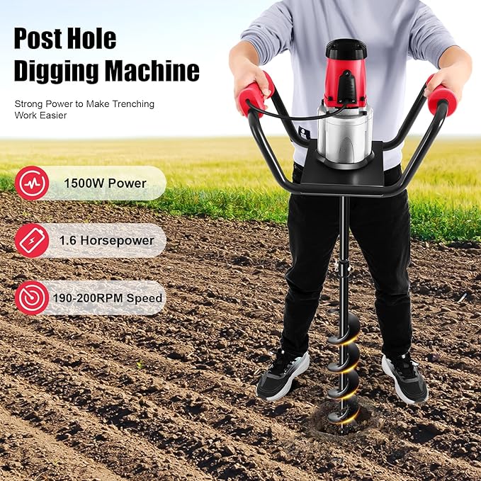 Post Hole Digger, 1500W Electric Post Hole Auger Earth Auger Digging Drill Digging Machine with 4" Digging Auger Bit and Extension Bar Set for Planting, Trenching in Garden