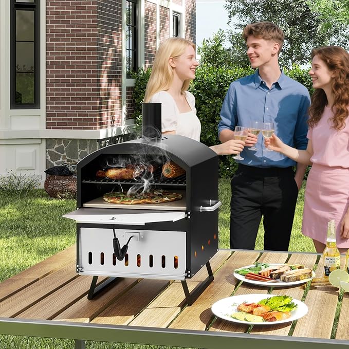 Happygrill Pizza Oven Outdoor, 16” 2-Layer Wood Fired Pizza Maker with Stone, Peel & Grill Racks, Portable Burning Stove with Folding Legs and Cover for Camping Patio Backyard BBQ