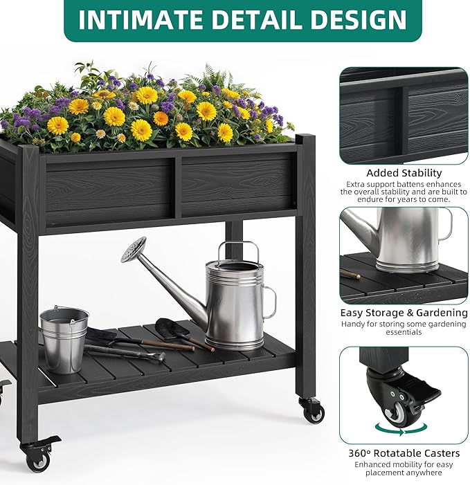 YITAHOME Raised Garden Bed, HIPS Poly Wood Elevated Planter Box with Shelf & Wheels for Mobility, Small Flower Box Stand for Patio Balcony Garden Backyard, Black