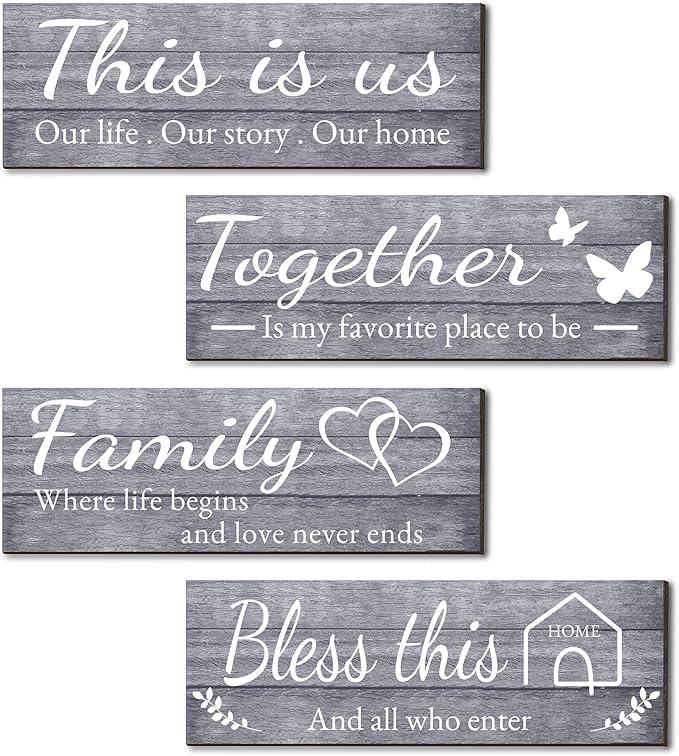 Joyhawk 4 Pieces Wall Decor Signs, THIS IS US, TOGETHER, BLESS THIS HOME, FAMILY Rustic Wooden Farmhouse Wall Art Décor For Living Room Bedroom Kitchen, , 4.7 x 13.8 Inch(Grey)
