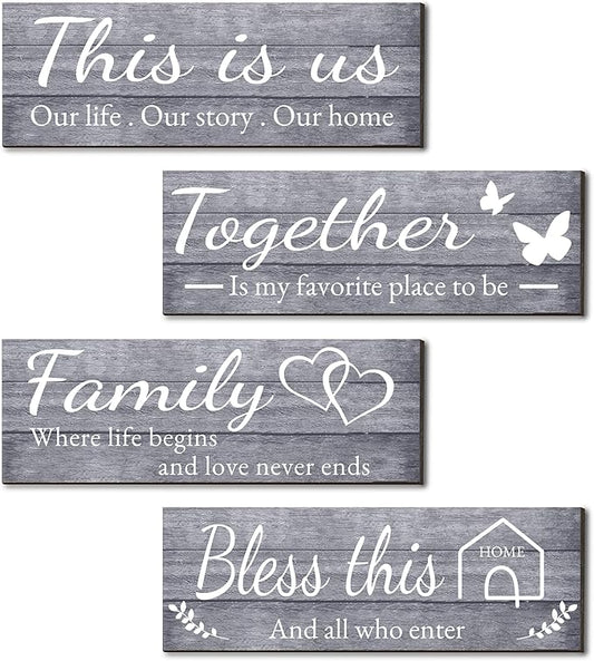 Joyhawk 4 Pieces Wall Decor Signs, THIS IS US, TOGETHER, BLESS THIS HOME, FAMILY Rustic Wooden Farmhouse Wall Art Décor For Living Room Bedroom Kitchen, , 4.7 x 13.8 Inch(Grey)