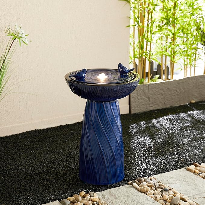 Glitzhome 24.75" H Outdoor Water Fountain with LED Light, Cobalt Blue Two Birds Twist Textured Floor-Standing Fountains, Ceramic Embossed Pattern Pedestal Water Fountain for Yard Patio Backyard