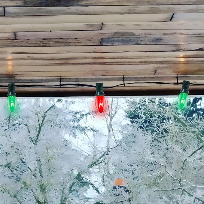 C7 Red and Green Christmas Lights Outdoor, 25Ft Outdoor Christmas Decorations String Lights with 27 Incandescent Bulbs, Vintage Christmas Lights for Indoor Outdoor Patio Christmas Party House Roofline