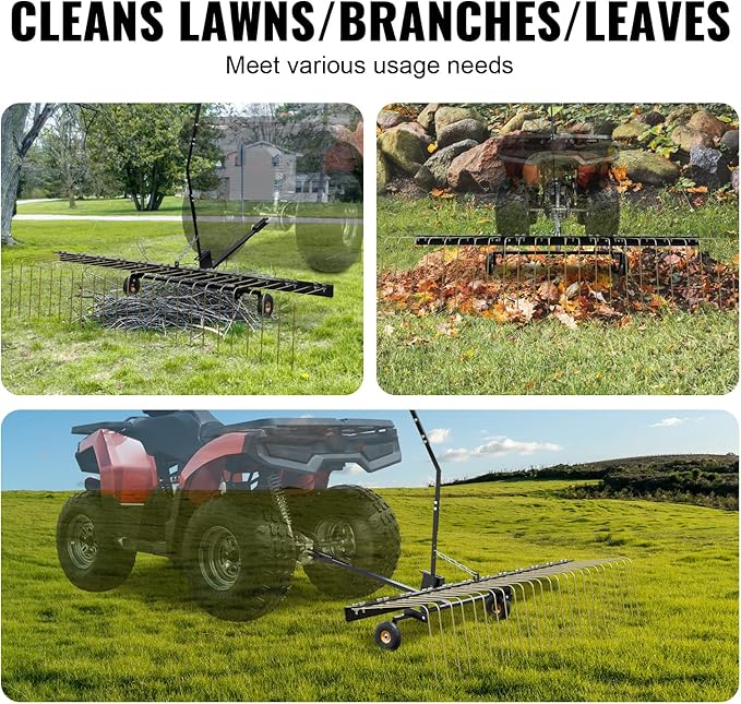 VEVOR Tow Behind Dethatcher, 60-inch Tow Dethatcher with 24 Steel Tines, Lawn Dethatcher Rake for ATV or Mower, Tow Behind Lawn Rake with Lift Handle for Leaves, Pine Needles, and Grass