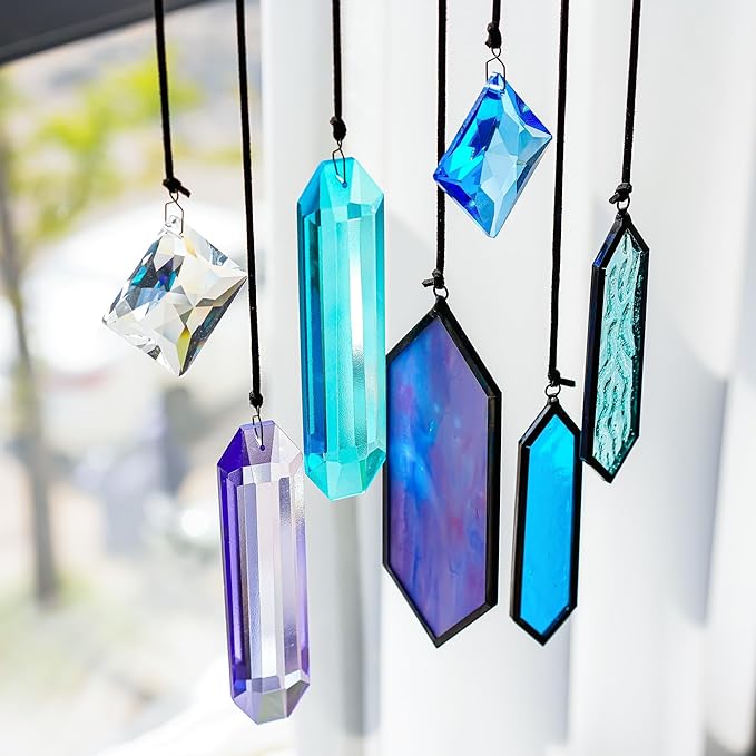 HDCRYSTALGIFTS Set 7 Crystal Blue Dreams Sun Catchers Window Hanging Ornaments Stained Glass Suncatchers Kit for Window Indoor Home Garden Decor