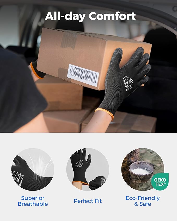 toolant Crinkle Latex Work Gloves Bulk, Rubber Coated Safety Work Gloves for Men and Women, 12 Pairs for Construction, Gardening, Warehouse (Gray, Medium)