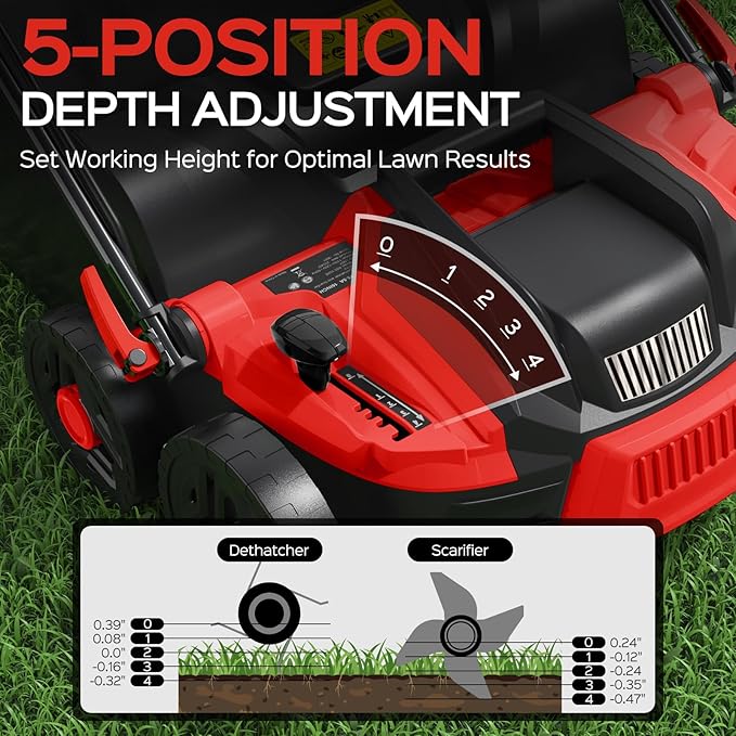 16-Inch 15.5 Amp 2-in-1 Electric Dethatcher and Scarifier with 14.5-Gallon Collection Bag, Lawn Dethatcher with 5-Position Adjustment, Quick-Fold, Keeps Lawn Healthy - Red