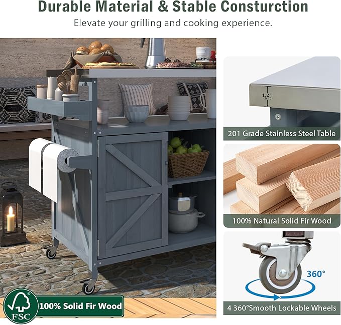 50.25" W Grill Cart with Stainless Steel Tabletop - Outdoor Storage Cabinet for BBQ, Bar Patio Kitchen Island with Ample Storage and Lockable Wheels