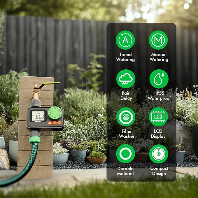 [2 Pack] RESTMO Sprinkler Timer, Programmable Water Timer for Garden Hose, Automatic Digital Control | Manual ON/Off | Rain Delay for Outdoor Faucet, Drip Irrigation and Lawn Watering System