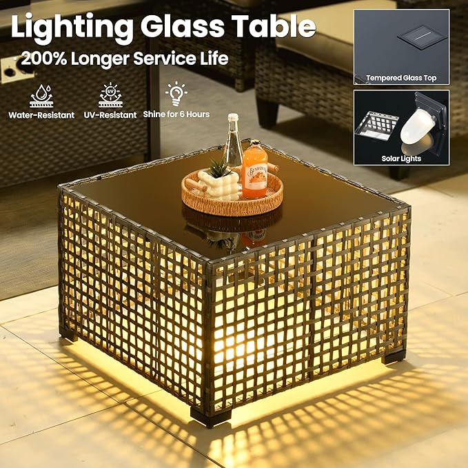 ovios 7 Pieces Patio Furniture Set with 42" Fire Pit Table, Outdoor Sofa Couch with Solar Lights Table Comfy Cushions, Modern Deep Seat Wicker Rattan Conversation Set, Beige