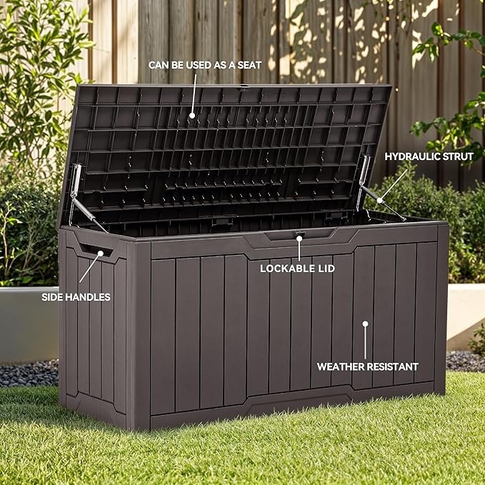 YITAHOME 80 Gallon Outdoor Storage Box, Large Water Resistant Resin Deck Box, Indoor Outdoor Lockable Storage Container for Patio, Garden, Cushions, Tools, Equipment (Dark Brown)