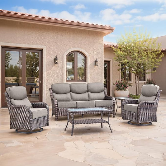 Swivel Patio Chairs sofa Set of 5 with 6" Thick Cushion - Wicker Outdoor Swivel Rocker Patio Chair ,Sofa/Glass coffee table, High Back Comfortable Outdoor Glider Chairs - Brown Wicker Grey Cushions